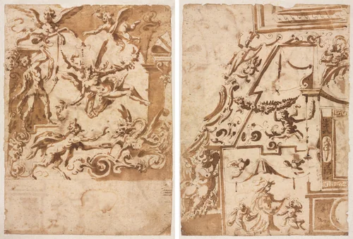 Grotesque with a Satyr Feeding a Dragon (recto); Grotesque with a Leaping Centaur (verso) by Marco Marchetti, drawing, 1565-1588
