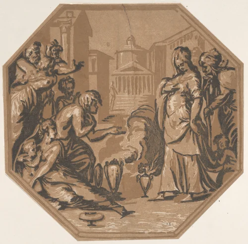 People paying homage to Psyche's beauty by Niccolò Vicentino, print, 1535-1545