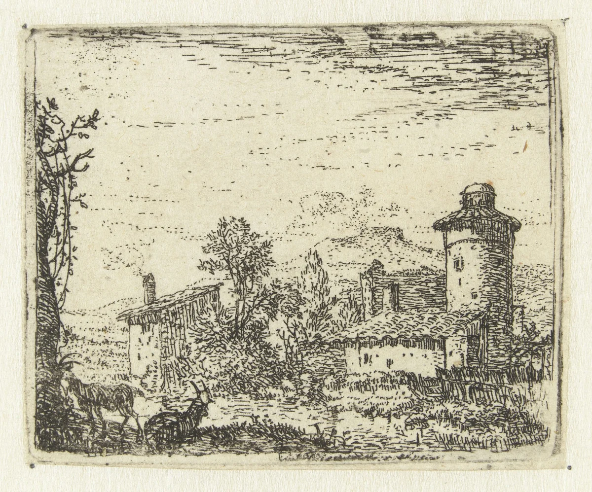 Italianiserend landschap met ronde toren en twee geiten by Karel du Jardin, print, 1652-1659