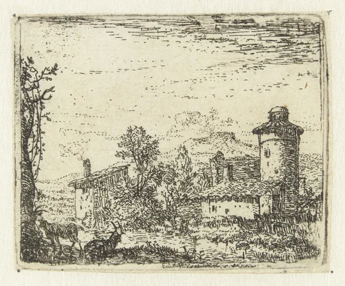 Italianiserend landschap met ronde toren en twee geiten by Karel du Jardin, print, 1652-1659
