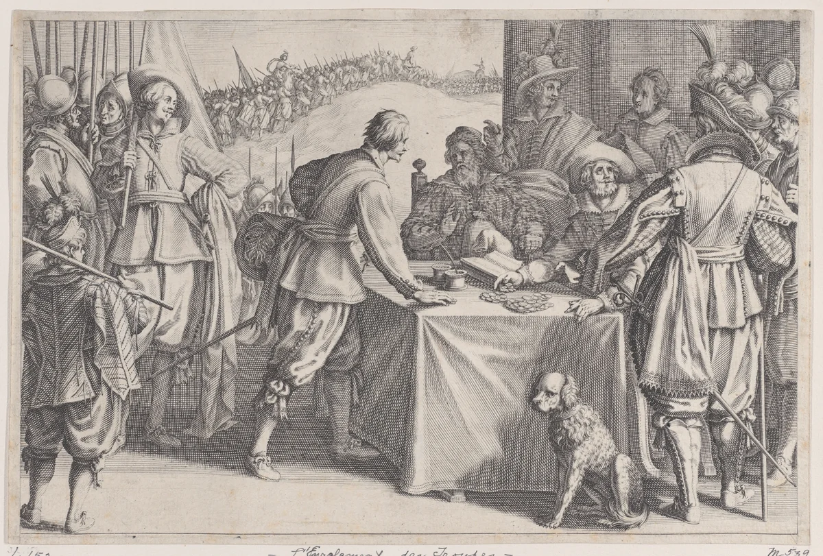 L'Enrolement des Troupes (The Enlistment of Troops), from "La Vie de Ferdinand Ier de Médicis série appelée aussi Les Batailles des Médicis" (The Life of Ferdinand I de'Medici also called The Medici Battles) by Jacques Callot, print, 1614-1620