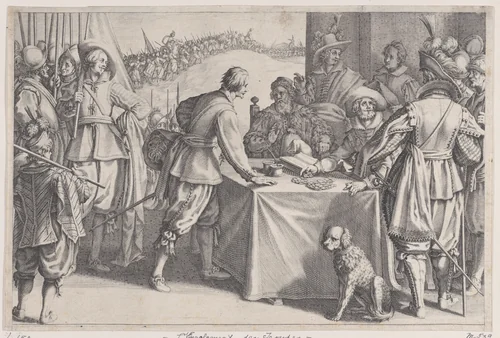 L'Enrolement des Troupes (The Enlistment of Troops), from "La Vie de Ferdinand Ier de Médicis série appelée aussi Les Batailles des Médicis" (The Life of Ferdinand I de'Medici also called The Medici Battles) by Jacques Callot, print, 1614-1620