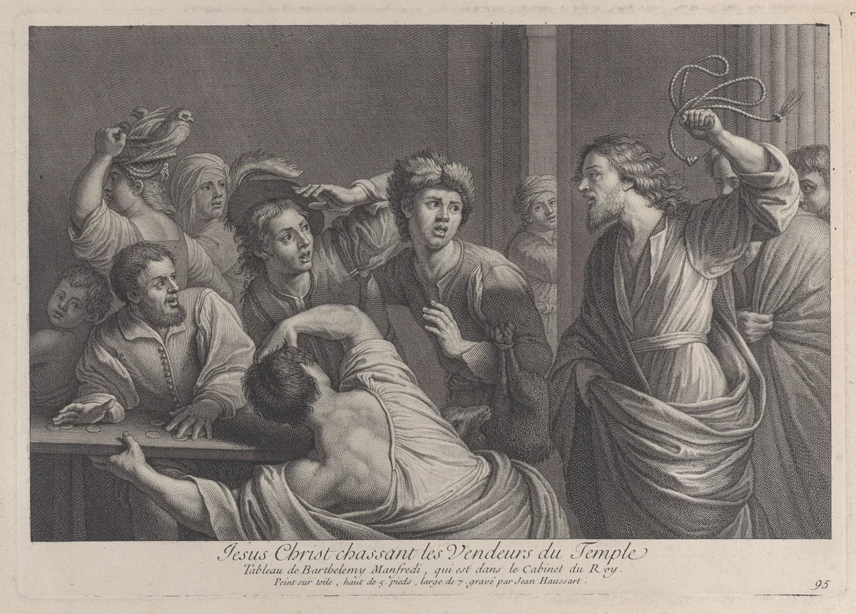 Christ driving the merchants from the temple by Jean-Baptiste Haussard, print, 1724-1734