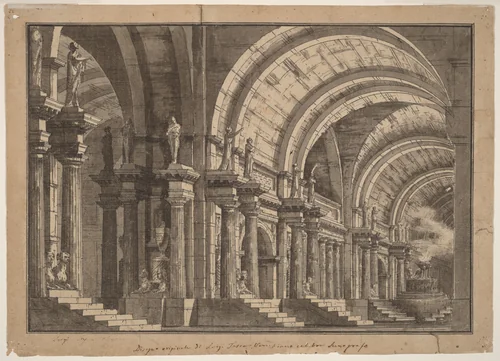 A Monumental Vaulted Hall with a Smoking Altar by Luigi Tasca, drawing, 1813-1814