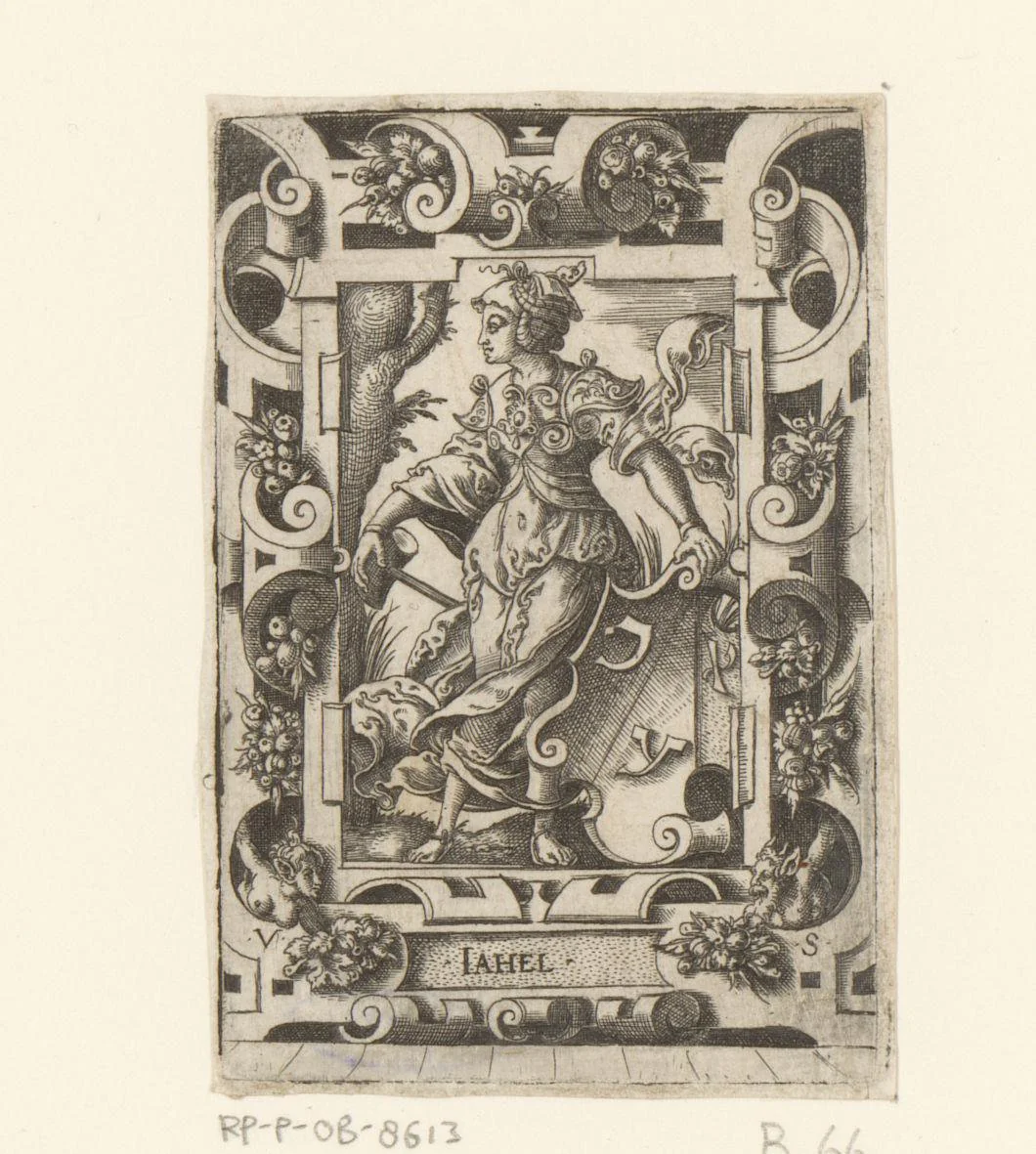 Jaël met wapenschild in rolwerk omlijsting by Unknown, print, 1524-1562