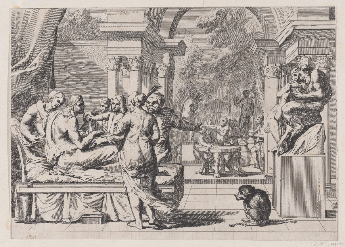 The prodigal son seated on a couch being served wine, revelers in the background, a monkey wearing a collar and chain in the lower right by anonymous, print, 1650-1700