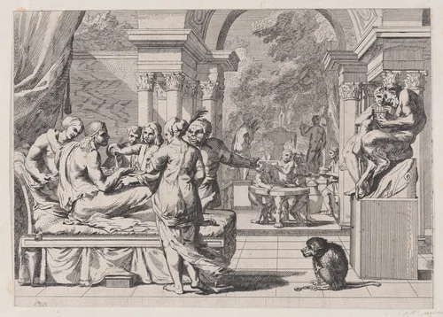 The prodigal son seated on a couch being served wine, revelers in the background, a monkey wearing a collar and chain in the lower right by anonymous, print, 1650-1700