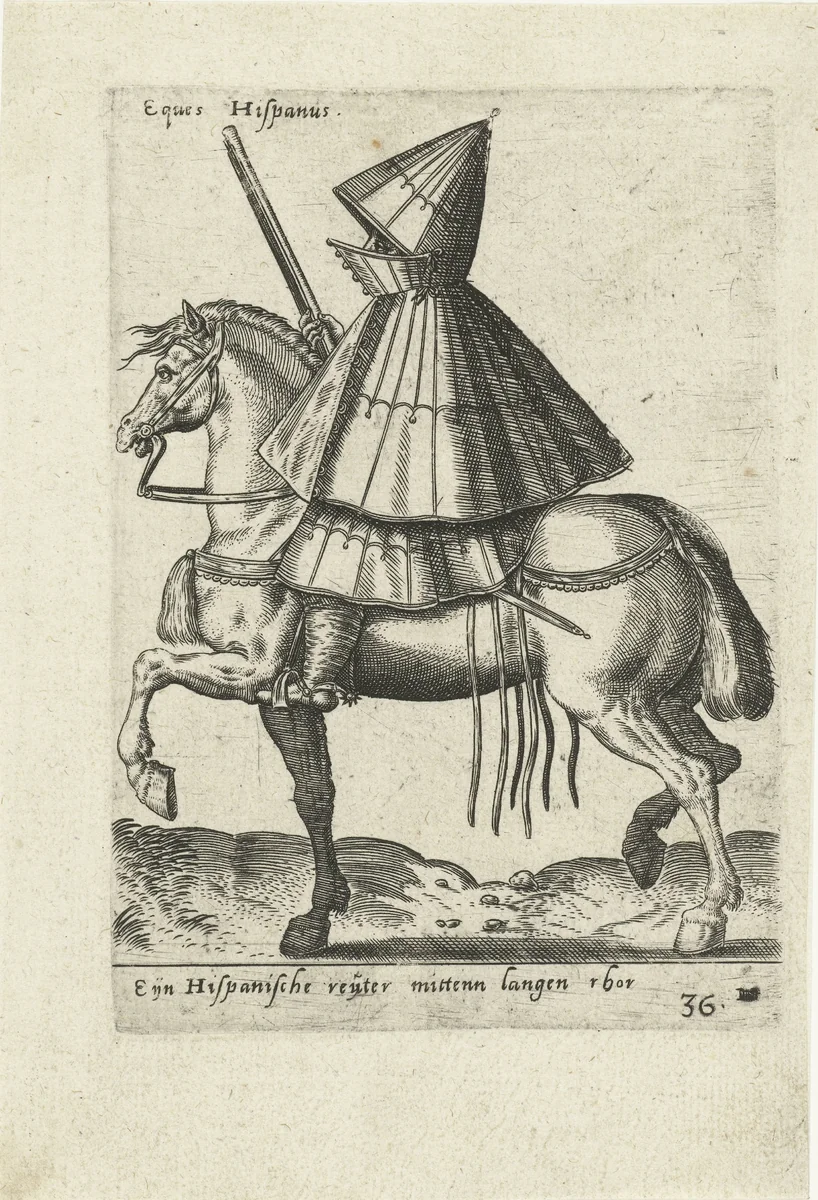 Spaanse ruiter met geweer en lange mantel by Unknown, print, 1577