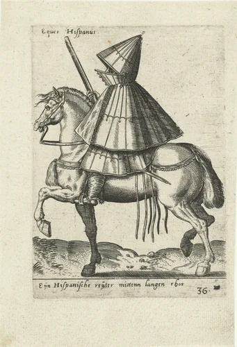 Spaanse ruiter met geweer en lange mantel by Unknown, print, 1577