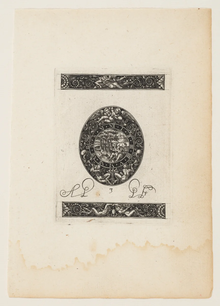 Oval Watch Plate with Diana and Endymion (?) startled, from a Series of Six Designs for Watch Cases by Antoine Jacquard, print, 1605-1615