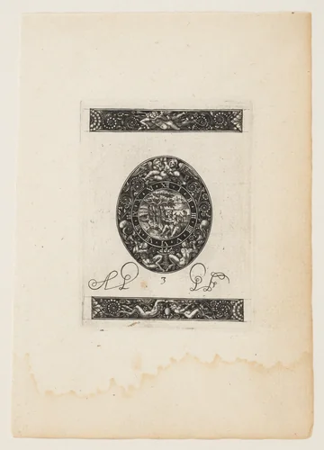 Oval Watch Plate with Diana and Endymion (?) startled, from a Series of Six Designs for Watch Cases by Antoine Jacquard, print, 1605-1615