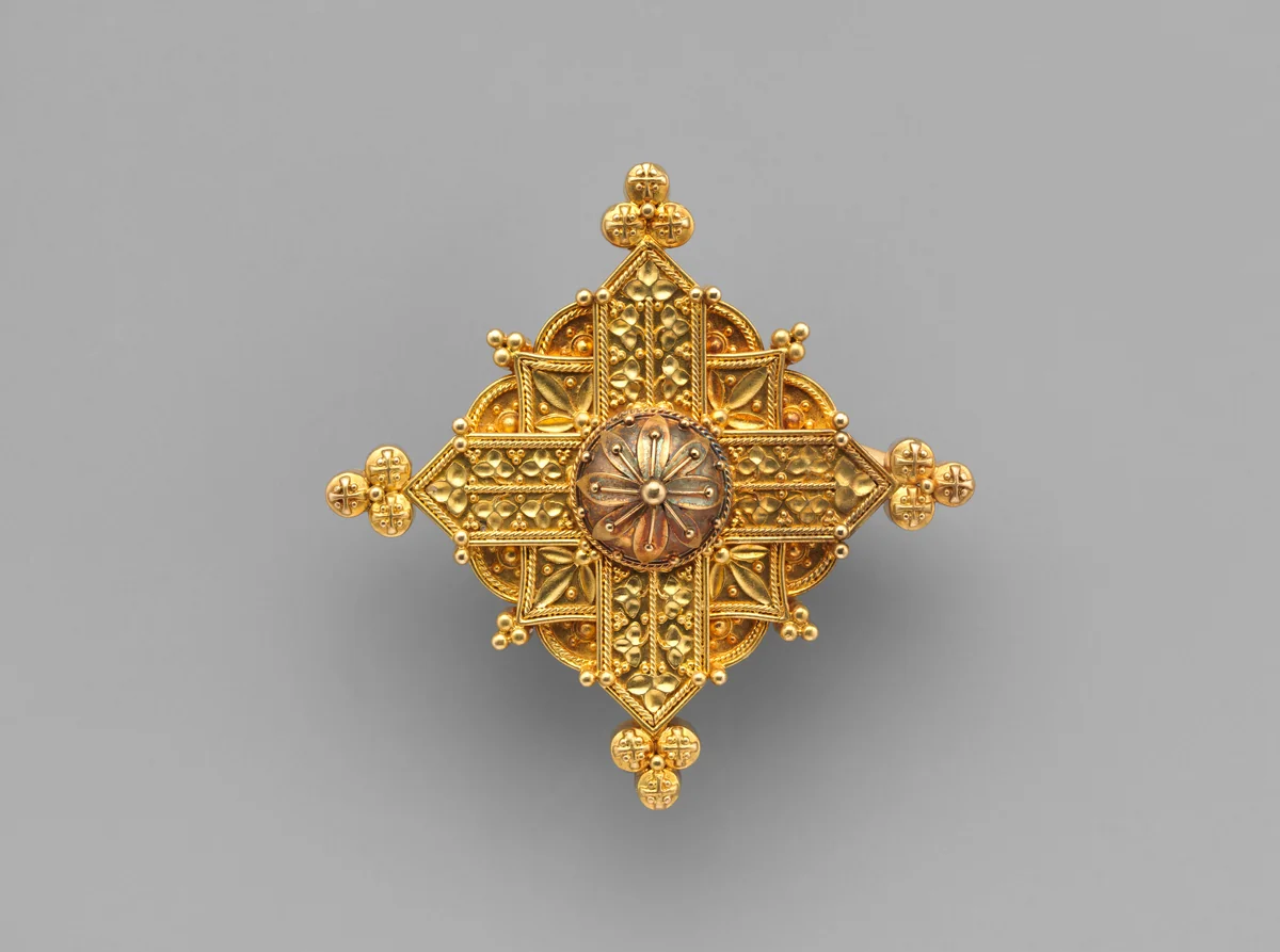 Pendant brooch in the form of a Gothic Cross by Carlo Giuliano, metalwork, 1875-1885