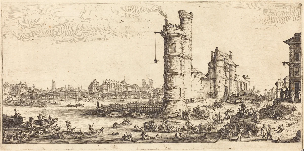 View of the Pont Neuf by Jacques Callot, print, 1629