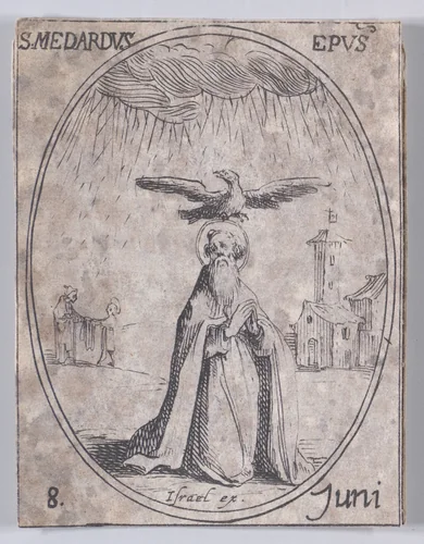 S. Médard, évêque (St. Medard, Bishop), June 8th, from "Les Images De Tous Les Saincts et Saintes de L'Année" (Images of All of the Saints and Religious Events of the Year) by Jacques Callot, print, 1636