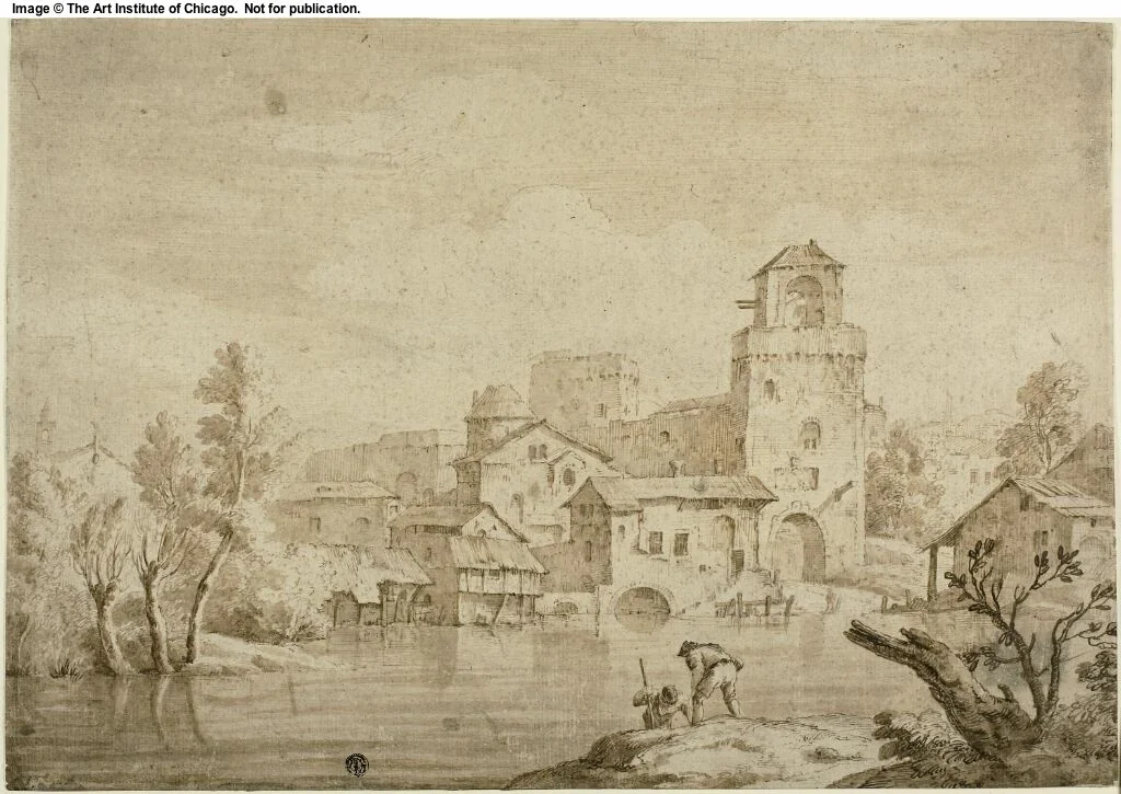 View of Town Beside River by Marco Ricci, drawing, 1696-1729