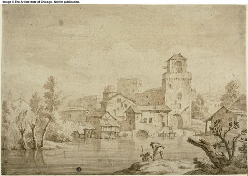 View of Town Beside River by Marco Ricci, drawing, 1696-1729