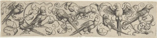 Frieze with Nine Birds Perched on a Vine by Franz Isaac Brun, print, 1550-1615