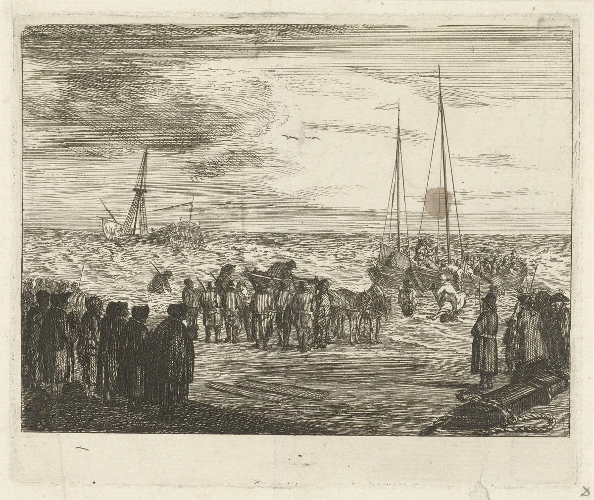 Stranding van de Britse Oost-Indiëvaarder 'Generaal Barker' bij Noordwijk, 1781 by Louis Bernard Coclers, print, 1781-1817