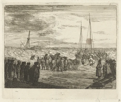 Stranding van de Britse Oost-Indiëvaarder 'Generaal Barker' bij Noordwijk, 1781 by Louis Bernard Coclers, print, 1781-1817