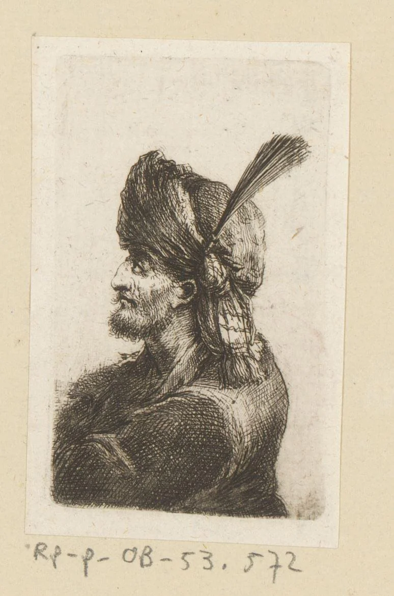 Man met tulband met pluim by Johann Andreas Benjamin Nothnagel, print, 1771