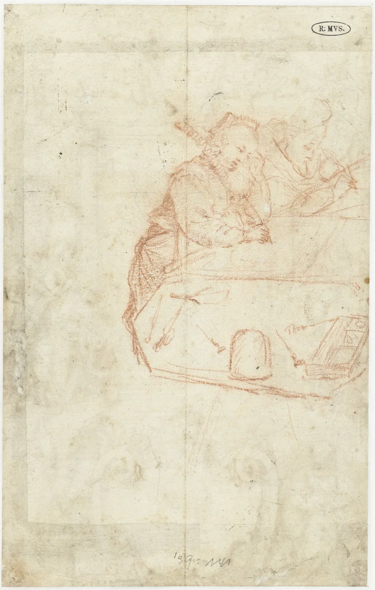 Rekenende man en vrouw by anonymous, drawing, 1608