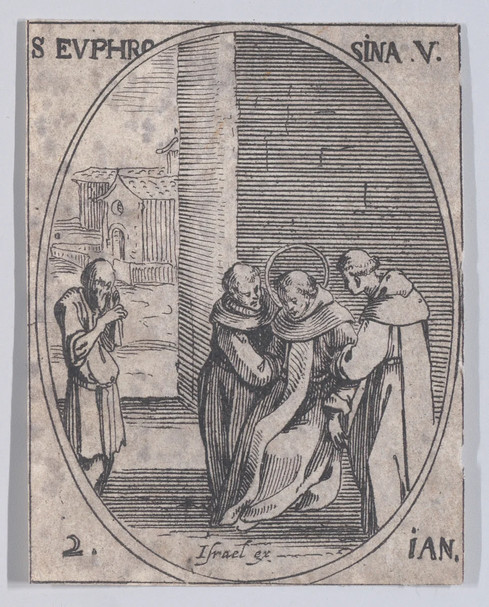 Ste. Euphrosine, vierge (St. Euphrosyne, Virgin), January 2nd, from "Les Images De Tous Les Saincts et Saintes de L'Année" (Images of All of the Saints and Feast Days of the Year) by Jacques Callot, print, 1636