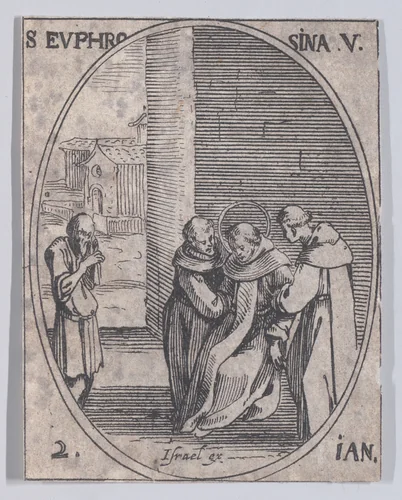 Ste. Euphrosine, vierge (St. Euphrosyne, Virgin), January 2nd, from "Les Images De Tous Les Saincts et Saintes de L'Année" (Images of All of the Saints and Feast Days of the Year) by Jacques Callot, print, 1636