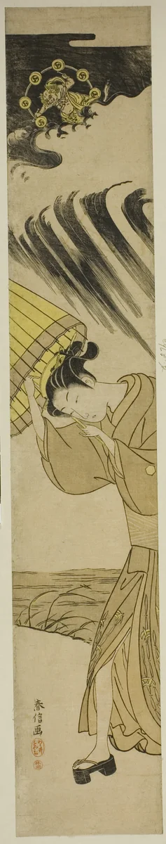 Woman Opening Umbrella as Thunder Approaches by Suzuki Harunobu (鈴木春信), print, 1764-1770