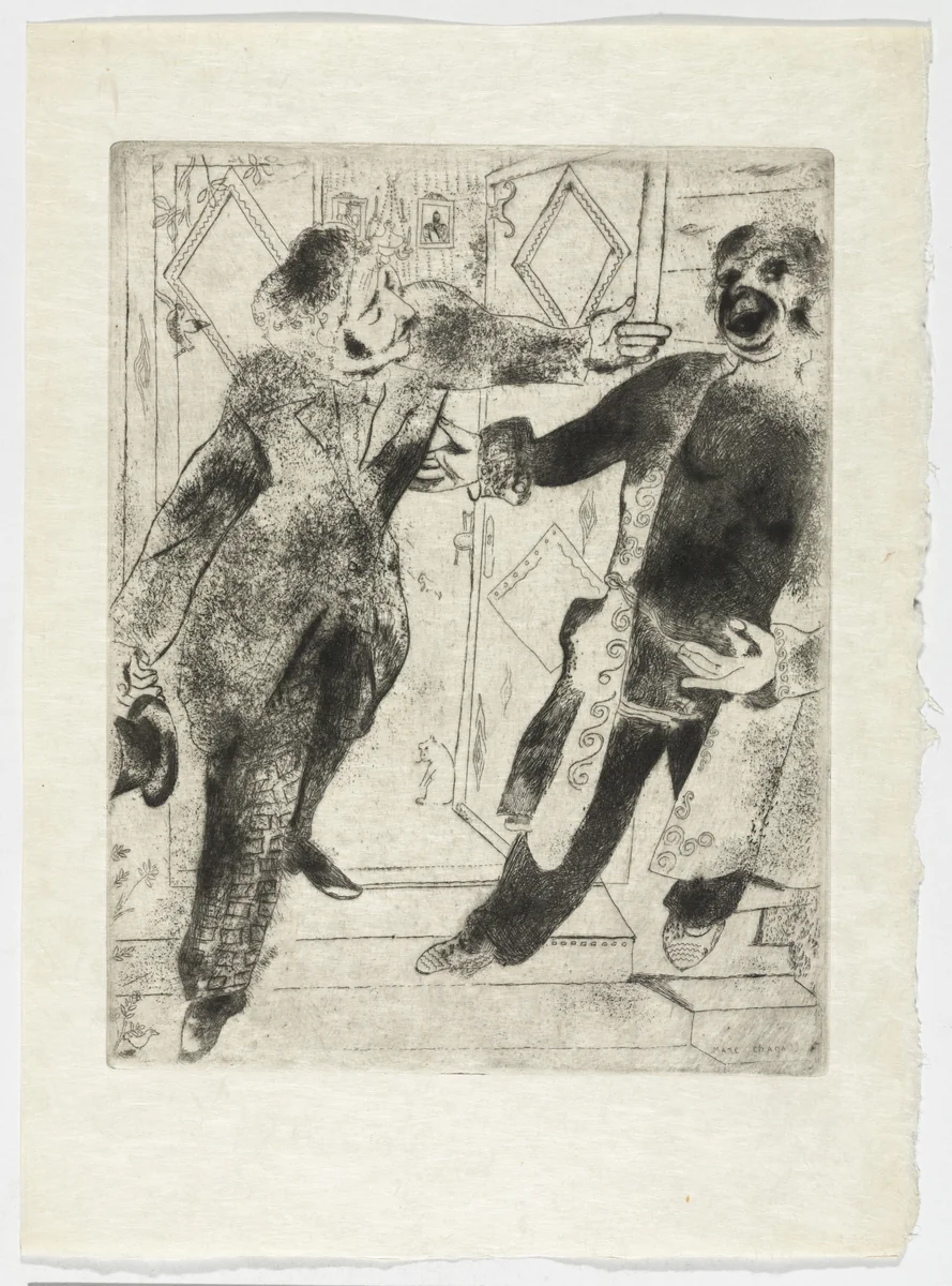 Manilov and Tchitchikov at the Doorstep (Manilov et Tchitchikov sur le seuil de la porte), plate IX (supplementary suite) from Les Âmes mortes by Marc Chagall, illustrated book, 1923