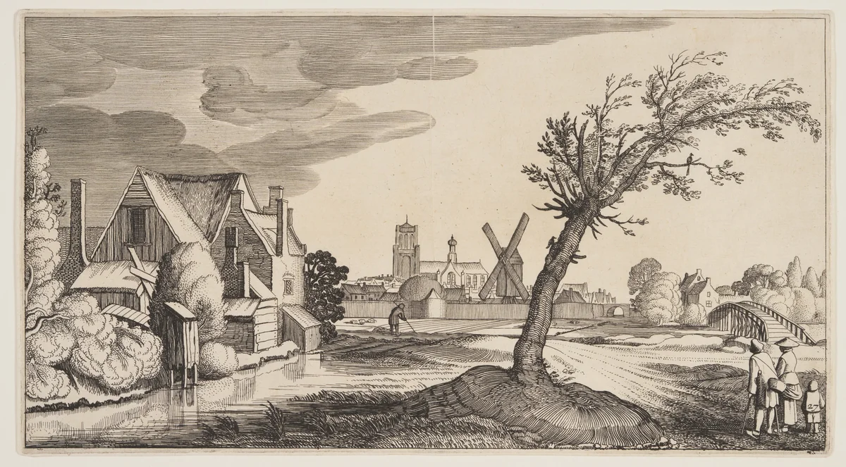 House on a Pond Outside a Town, from Landscapes (Playsante Lantschappen) by Claes Jansz. Visscher II, print, 1641