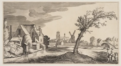 House on a Pond Outside a Town, from Landscapes (Playsante Lantschappen) by Claes Jansz. Visscher II, print, 1641