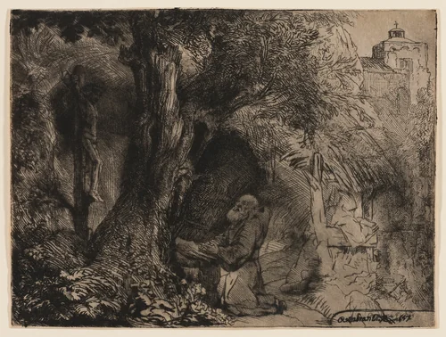 St. Francis Beneath a Tree Praying by Rembrandt van Rijn, print, 1657
