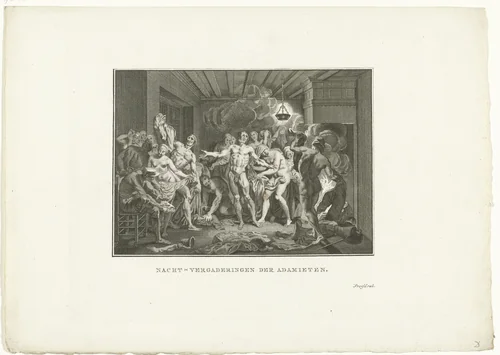 Naakte Adamieten in donker interieur bij brandende olielamp by Jan Lucas van der Beek, print, 1763-1818