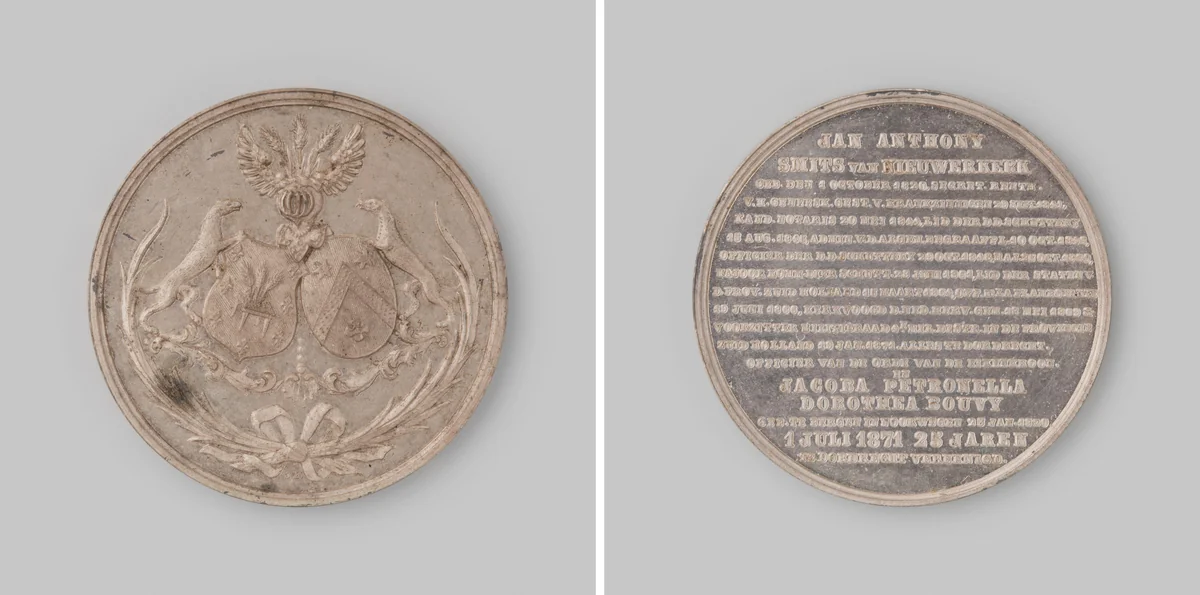 Op de 25jarige echtvereniging van luitenant-kolonel M.-C.J.A. Smits van Nieuwerkerk, oud-commandant der schutterij te Dordrecht by anonymous, metalwork, 1871