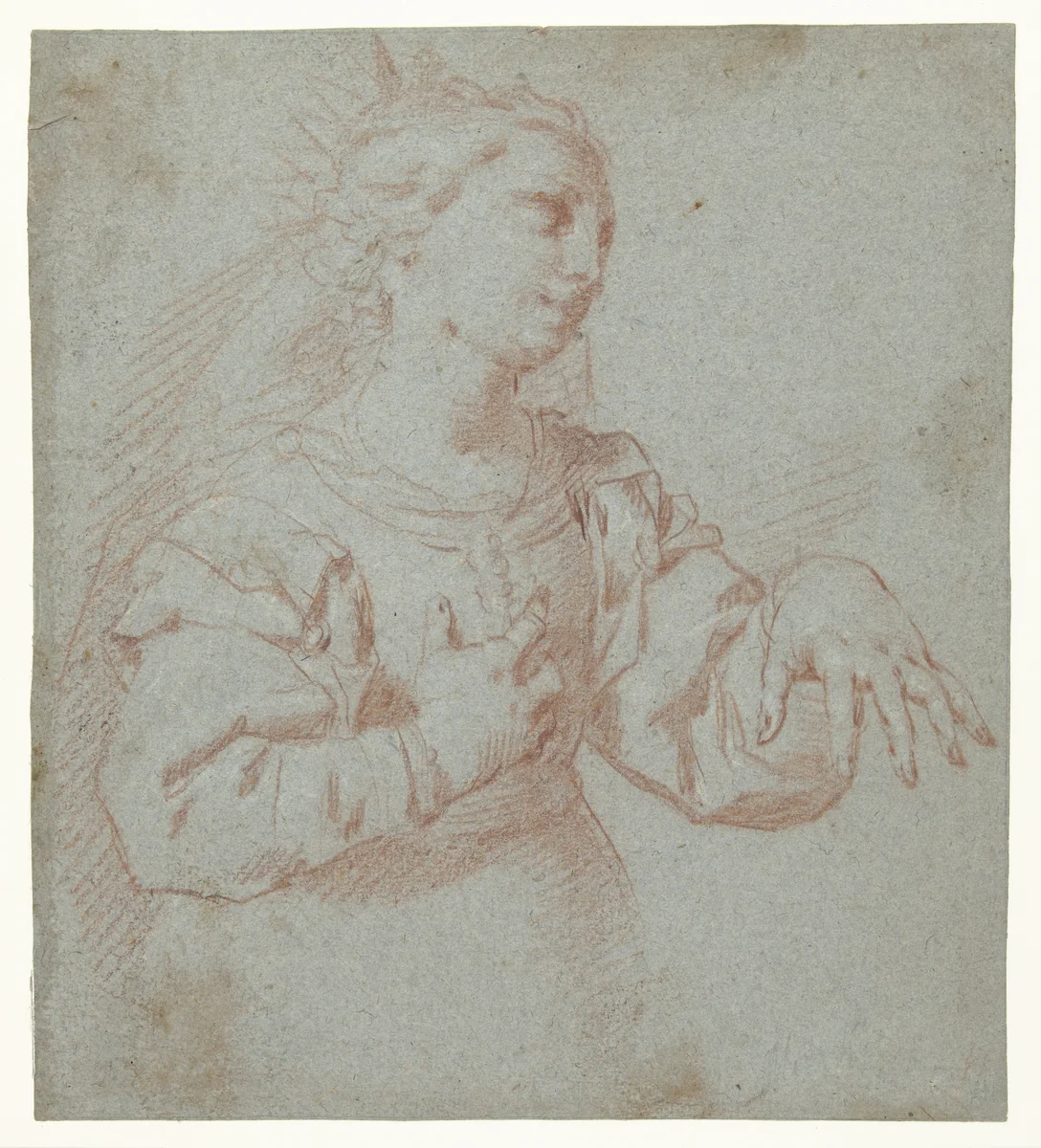 Studie voor een koninklijke bruid, die haar linkerhand uitstrekt (Catharina van Siena?) by Giovanni Giacomo Barbella, drawing, 1615-1656