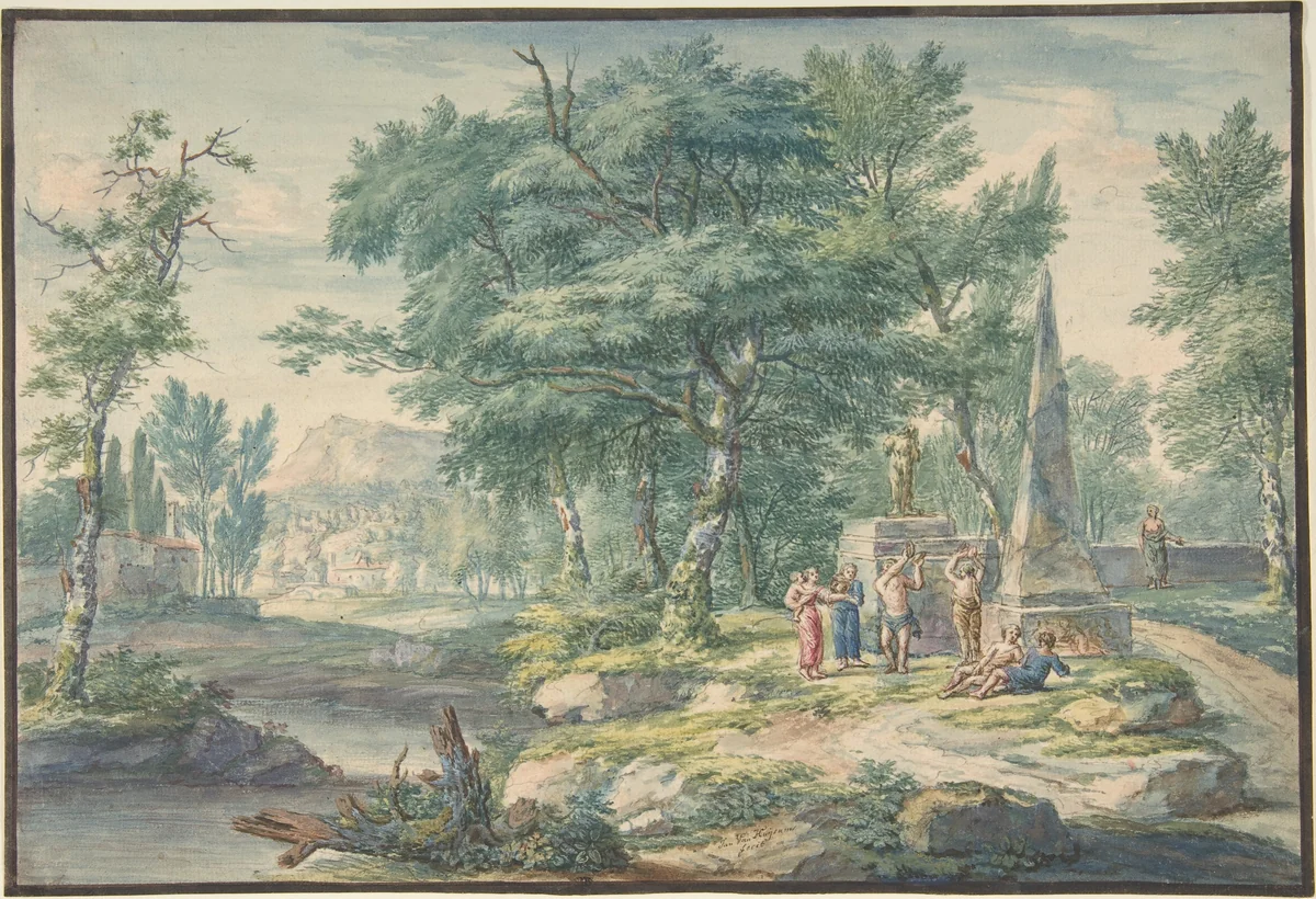 Arcadian Landscape with Figures Making Music by Jan van Huysum, drawing, 1700-1749