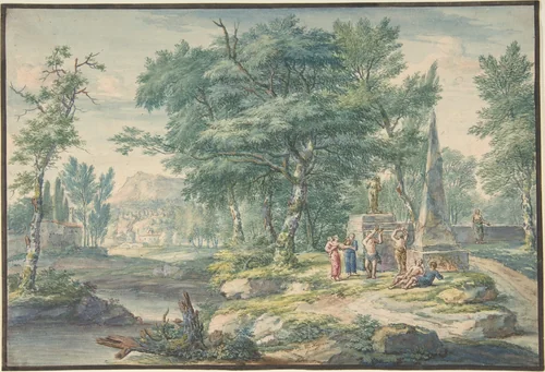 Arcadian Landscape with Figures Making Music by Jan van Huysum, drawing, 1700-1749