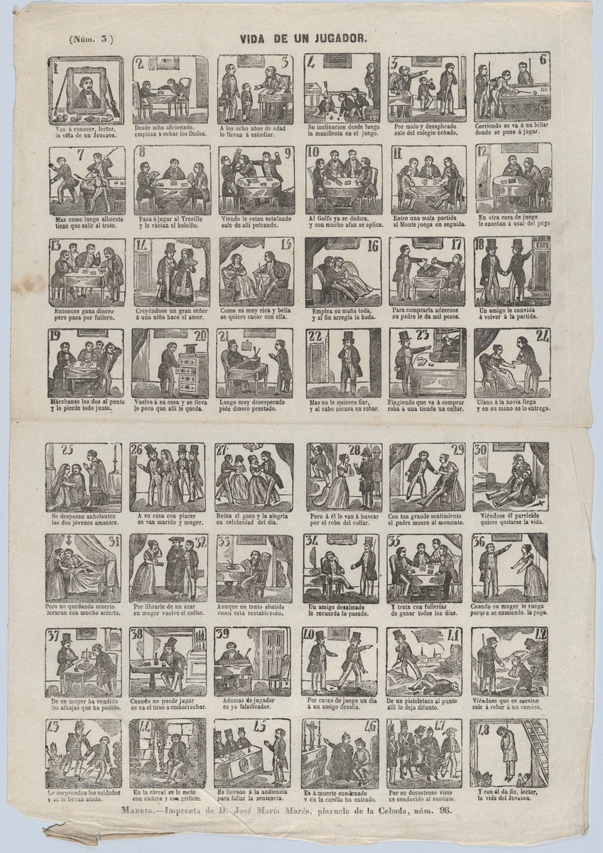 Broadside with 48 scenes depicting the life of a charlatan (player) by José María Marés, print, 1855-1875