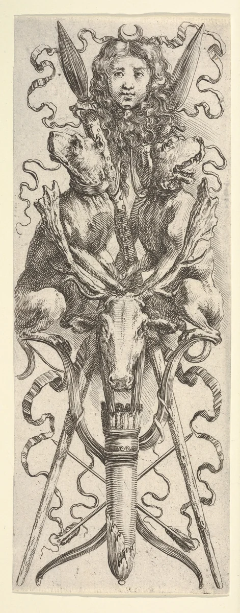 A hunting trophy: a quiver, two arrows, two bows, a deer head, two dogs, two spears, and the head of Diana at top, from "Ornaments or Grotesques" (Ornamenti o Grottesche) by Stefano della Bella, print, 1650-1656