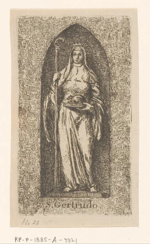 Beeld van een vrouwelijke heilige in een nis by Sauveur Legros, print, 1764-1834