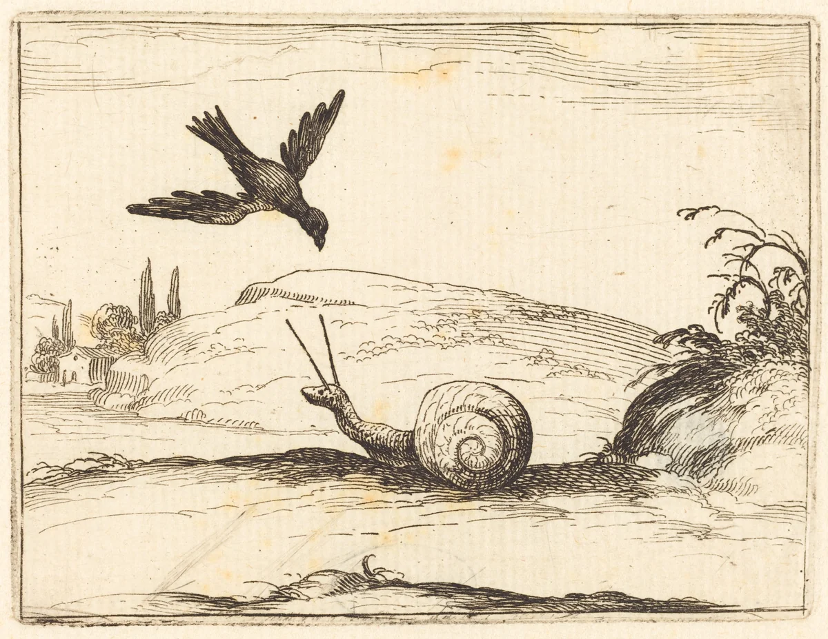 Crow and Snail by Jacques Callot, print, 1628