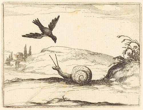 Crow and Snail by Jacques Callot, print, 1628