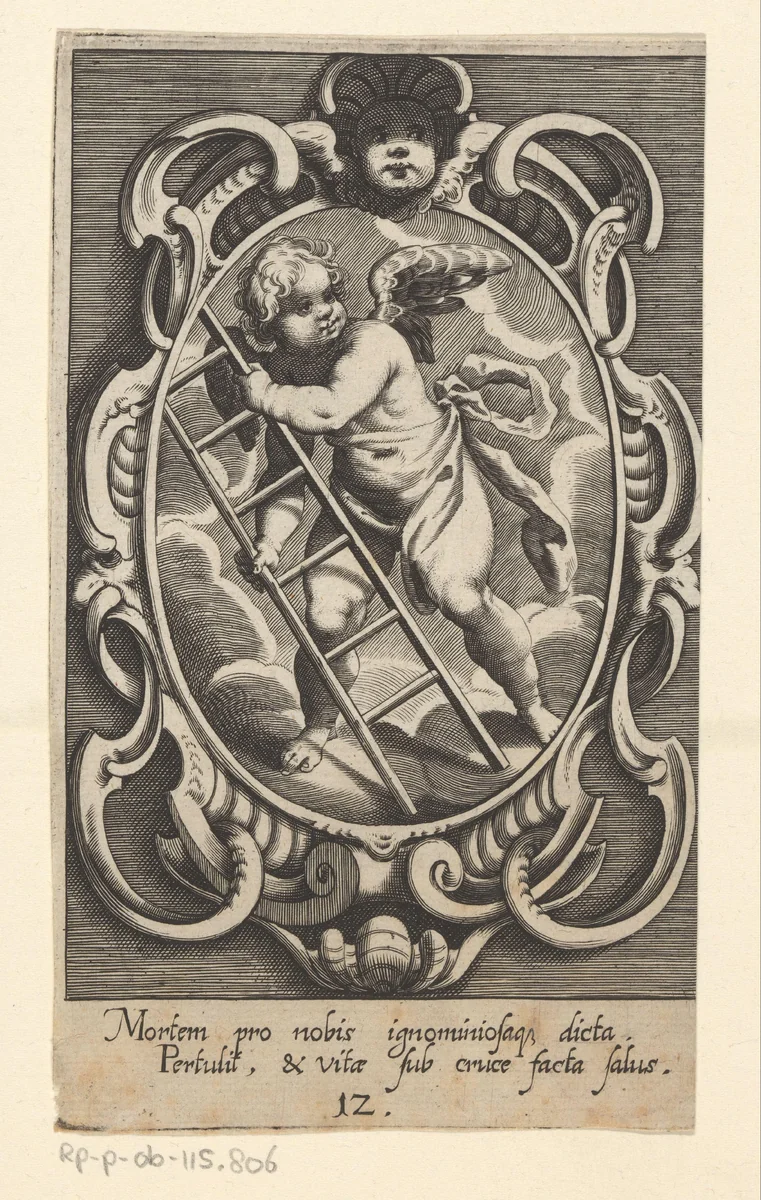Ladder, gedragen door een engel by Raphael Custos, print, 1620