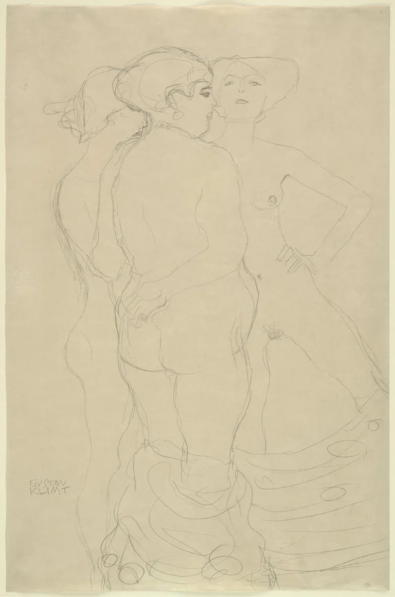 Three Courtesans (Drei stehende Frauenakte) by Gustav Klimt, drawing, 1907