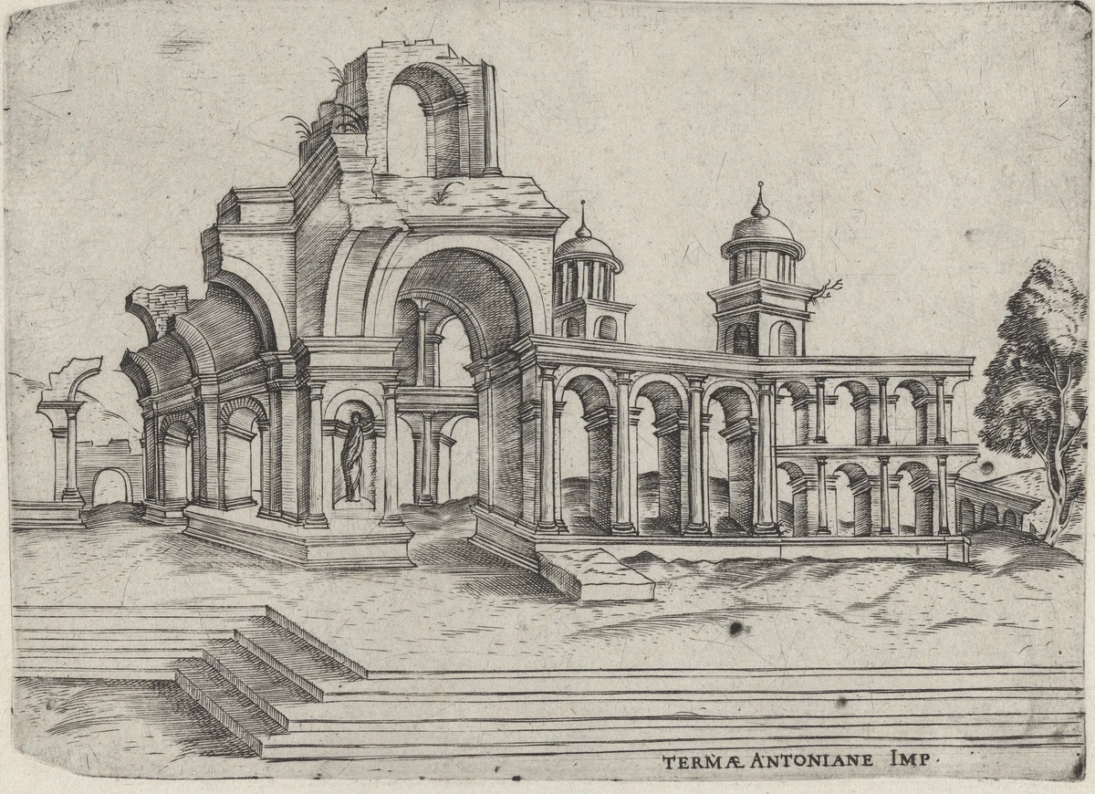 Termae Antoniane Imp. [formerly Palatium Se Lugduni], from a Series of 24 Depicting (Reconstructed) Buildings from Roman Antiquity by anonymous, print, 1530-1550
