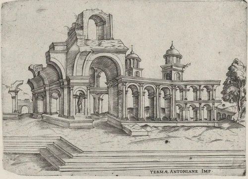 Termae Antoniane Imp. [formerly Palatium Se Lugduni], from a Series of 24 Depicting (Reconstructed) Buildings from Roman Antiquity by anonymous, print, 1530-1550