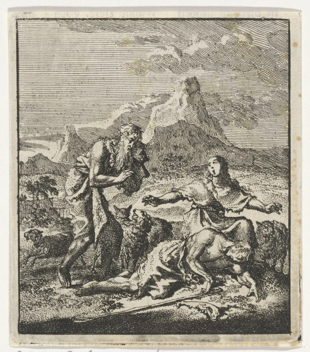 Adam en Eva treuren over de dode Abel by Jan Luyken, print, 1706