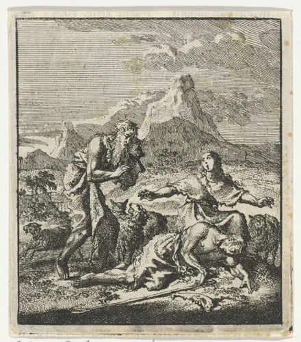 Adam en Eva treuren over de dode Abel by Jan Luyken, print, 1706