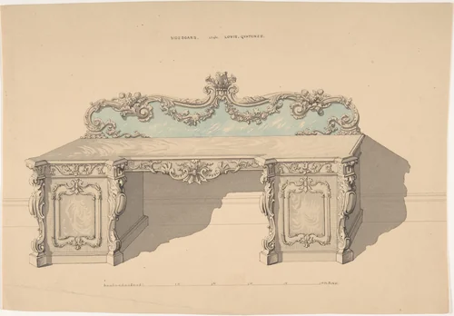 Design for Sideboard, Louis Quatorze Style by Robert William Hume, drawing, 1835-1900
