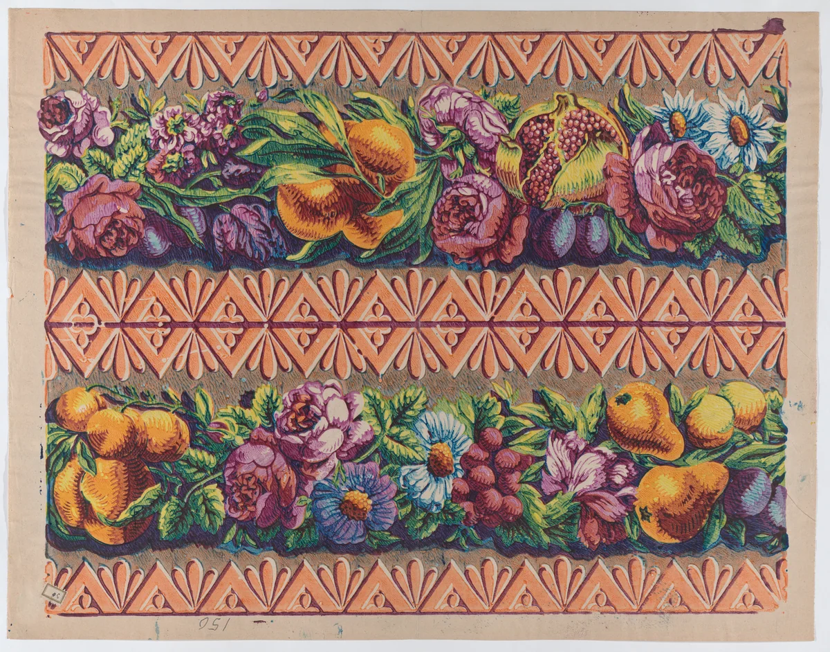 Sheet with a border with two garlands of fruit, leaves, and flowers by anonymous, print, 1775-1875